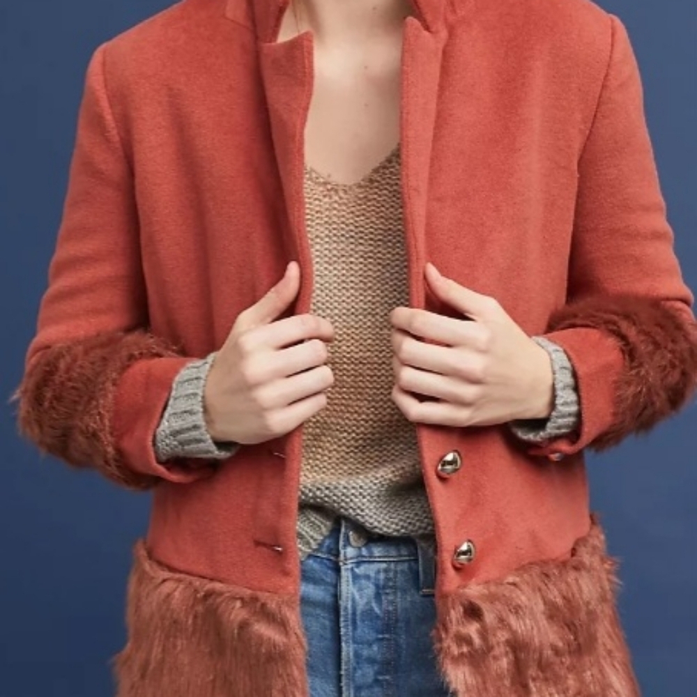 Anthropologie Keepsake Wool and Faux Fur Coat - X-Large Reddish Orange - Picture 5 of 15